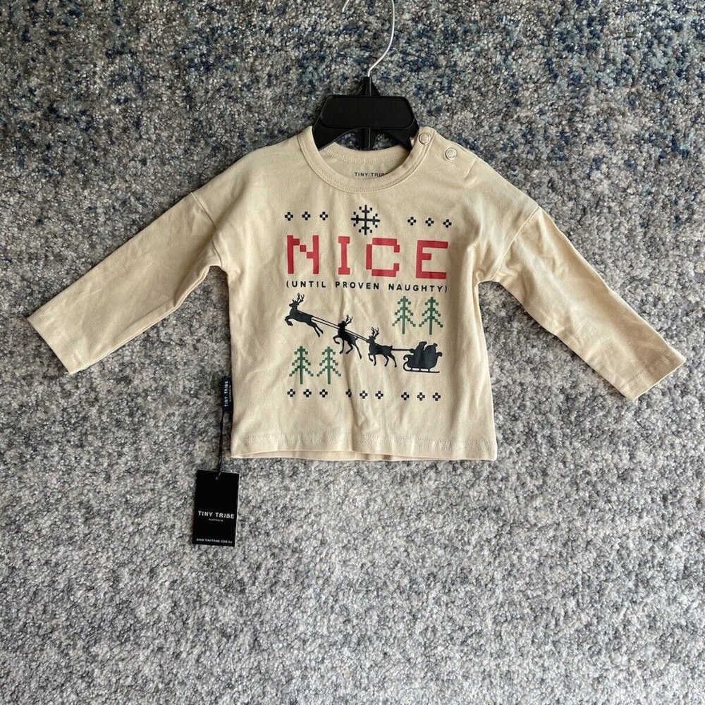 Tiny Tribe Christmas Nice Naughty Long Sleeve Tan 3-6 Months Baby NWT